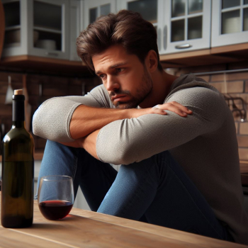Мужчина сидит возле бутылки вина и бокала